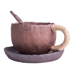 Handmade Rough Ceramic Crackle Coffee Cup & Saucer Set
