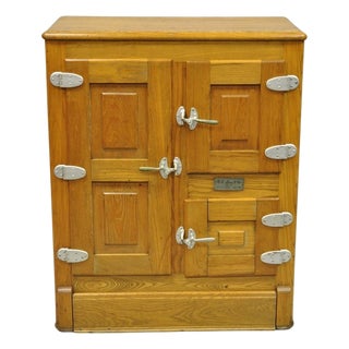 Antique Rh Macy Co Victorian Oak Wood 3 Door Ice Box Vintage Refrigerator Chest For Sale