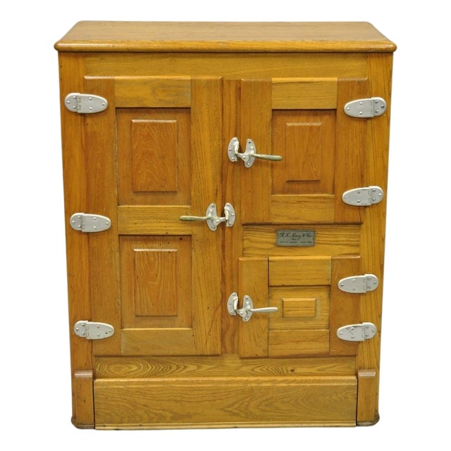Antique Rh Macy Co Victorian Oak Wood 3 Door Ice Box Vintage Refrigerator Chest For Sale