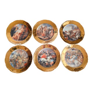 Six Old Master Renaissance Art Cabinet Plates With Gold Exterior Rims For Sale