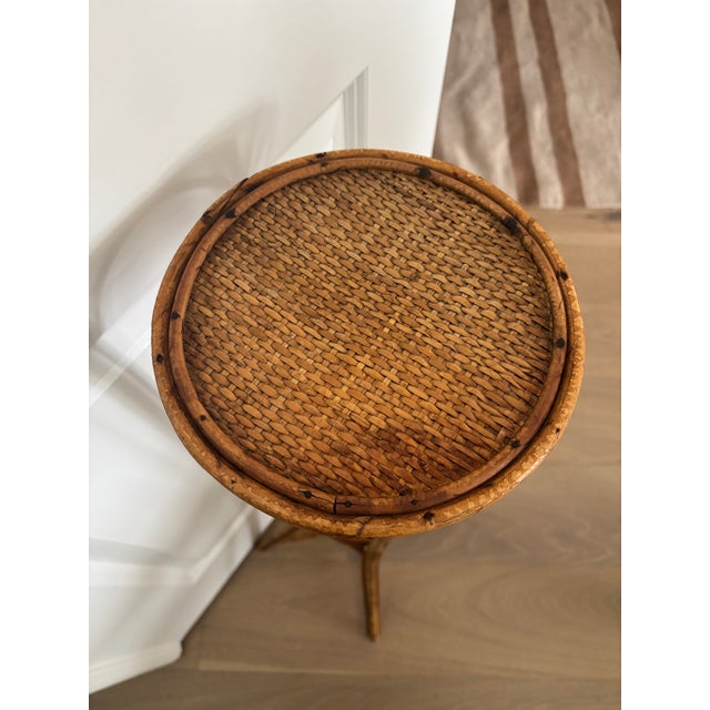 Chinoiserie Vintage Palm Beach Style Rattan & Bamboo Two-Tiered Plant Stand For Sale - Image 3 of 9