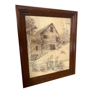 Late 20th Century Vintage Ethan Allen F. Massa Framed Print “Barn With Goldenrods” Excellent Vintage Condition For Sale