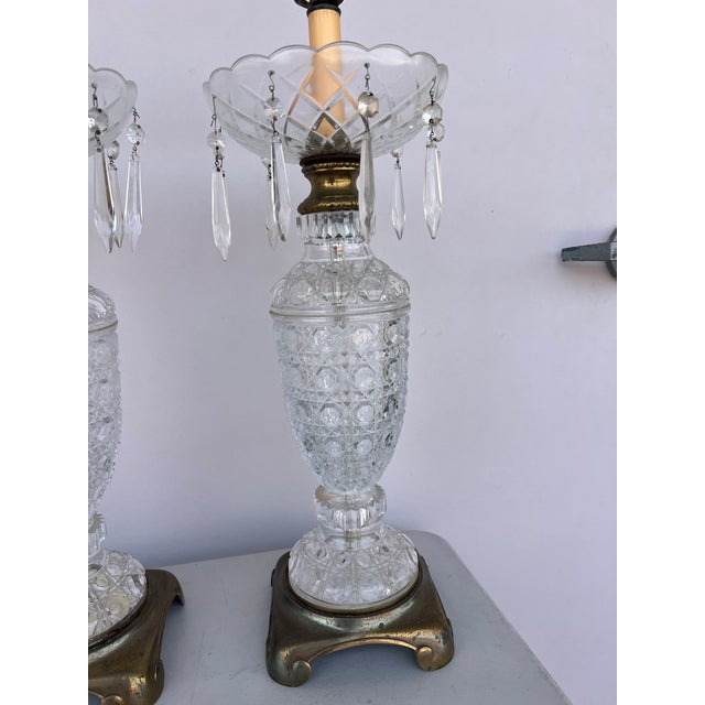 Paul Hanson Vintage Early 20th Century Pair Crystal & Brass Lamps -2 For Sale - Image 4 of 12