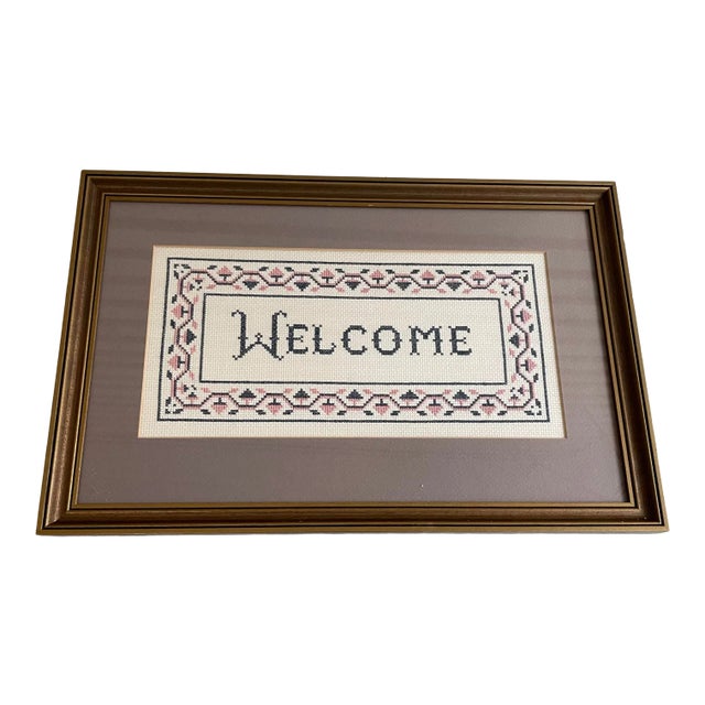 Vintage Handcrafted Cross Stitch Framed Welcome Sign For Sale