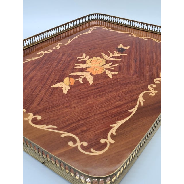 Brown Large Neoclassical Hollywood Regency Inlaid Wooden Tray with Brass Gallery, 1960s-1970s For Sale - Image 8 of 12