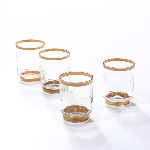 Mid-Century Modern 1960s Mid Century Modern Decanter Set With Eight Glasses in Gilt Detailing and Etched Glass For Sale - Image 3 of 18