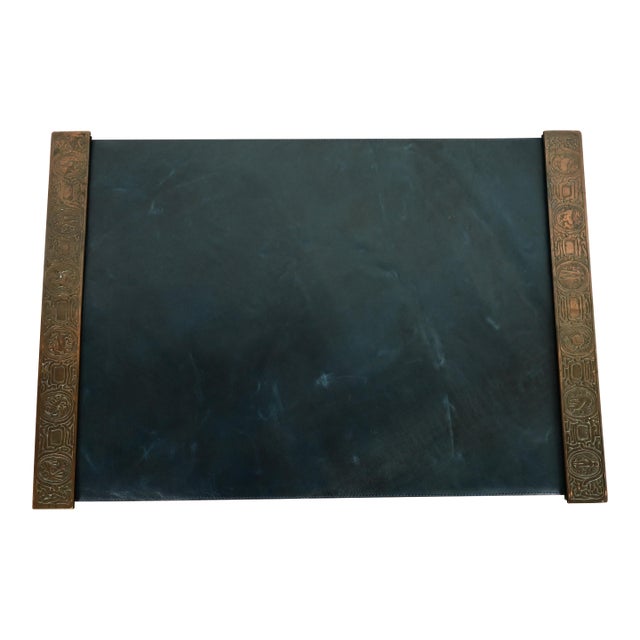 Tiffany Studios New York Zodiac Pattern Bronze Blotter Ends With Leather Desk Blotter For Sale