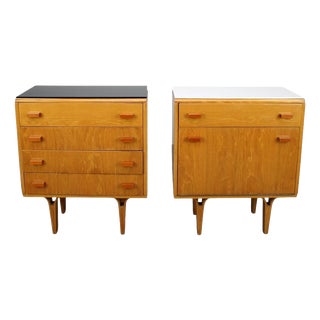 Mid-Century Maple Nightstands with Black and White Tops by František Mezulaník, 1960s, Set of 2 For Sale