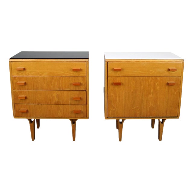 Mid-Century Maple Nightstands with Black and White Tops by František Mezulaník, 1960s, Set of 2 For Sale