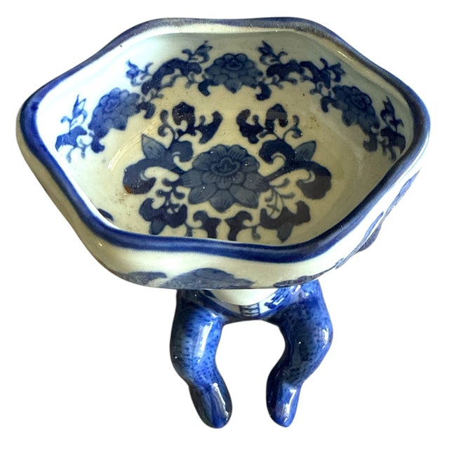 Vintage Blue & White Porcelain “Bar Monkey” Chinoiserie Bowl, 7.75” Tall For Sale - Image 4 of 8