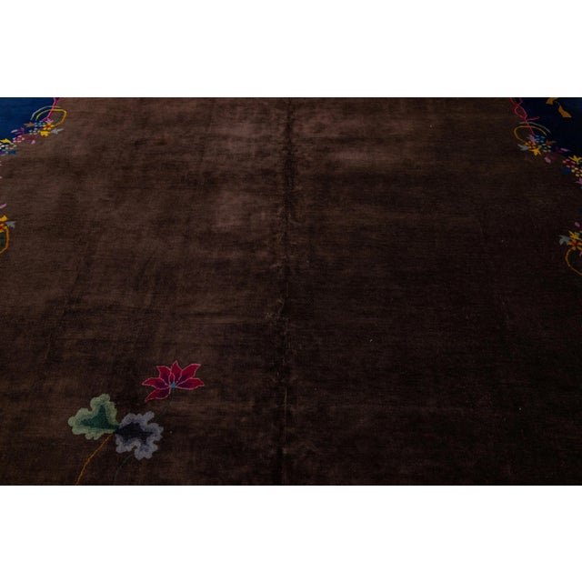 Textile Antique Brown Chinese Art Deco Wool Rug 9 Ft X 11 Ft 8 In For Sale - Image 7 of 10