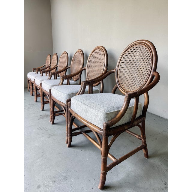 Henry Link Newly Upholstered Vintage Rattan & Cane Oval-Back Dining Chairs | Set of 6 For Sale - Image 4 of 15