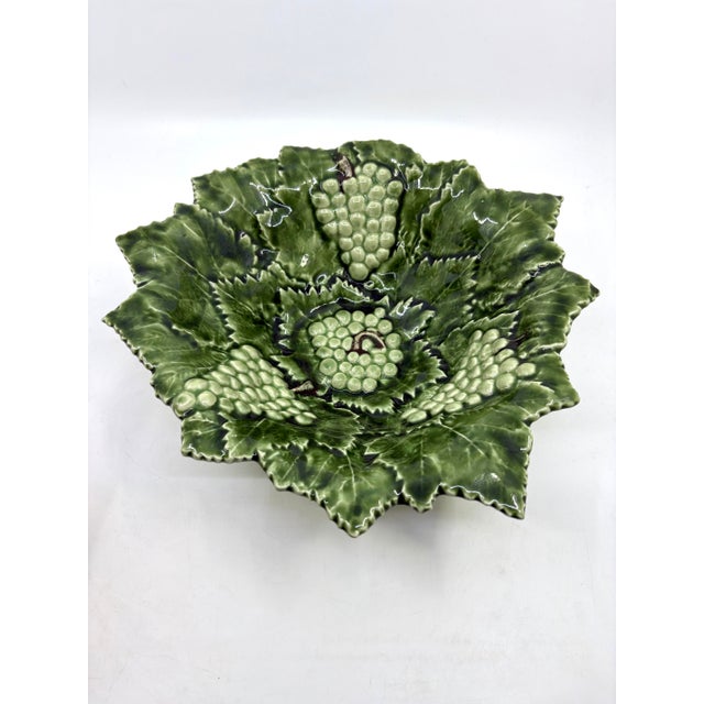 Vintage Caldas Portugal Majolica Pottery Green Grapes Leaves Bowl Jay Wilfred Stickered at bottom