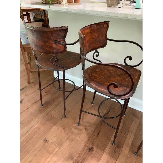 Arhaus Wrought Iron and Leather Cafe Counter Stools Set of 3 Chairish