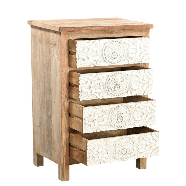 Far Pavilions 1960s Shabby Chic Mango Wood Bedside Table | Hand Carved 4 Drawer Nightstand | Distressed White Farmhouse Bedroom Furniture | Boho Accent Chest For Sale - Image 4 of 5