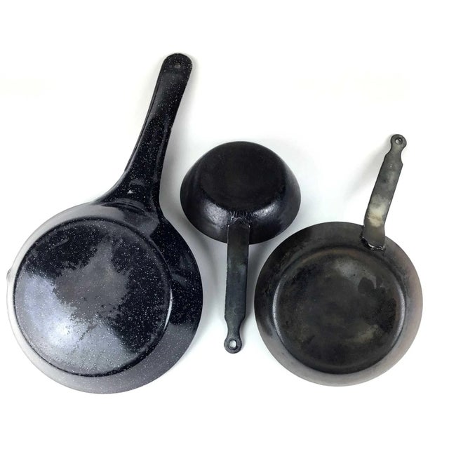 Paint Vintage Set of 3 Black Enamel Coated Metal Pans For Sale - Image 7 of 11