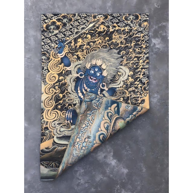 Chinese Xizang Embroidery and Brocade Thangka Buddha Painting - Wrathful Deity Protector Wall Art - Hand Painted Buddhist Sacred Scroll Mid 20th Century For Sale - Image 3 of 6