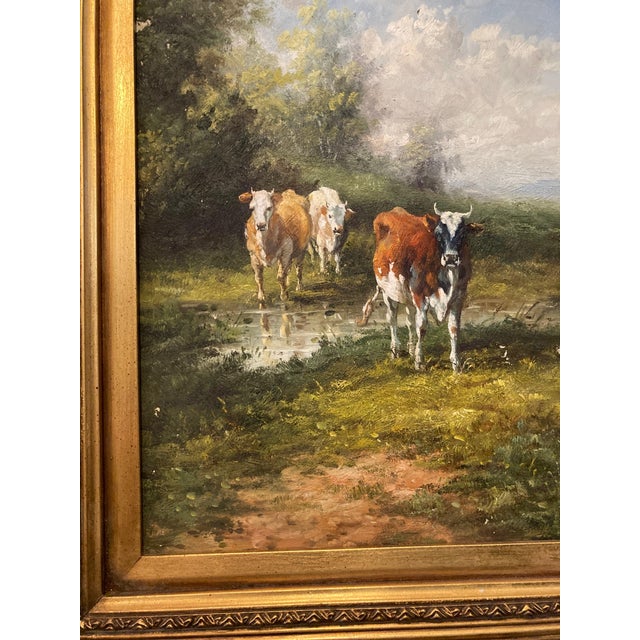 Late 19th Century Antique Pastoral Landscape Oil Painting With Cows in Ornate Gilt Frame, 19th-C. For Sale - Image 5 of 6