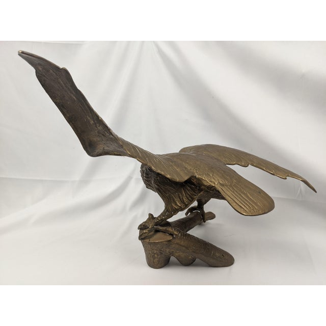 Vintage Solid Brass Eagle Sculpture on Branch Pedestal Base, 19" Wingspan For Sale - Image 10 of 14