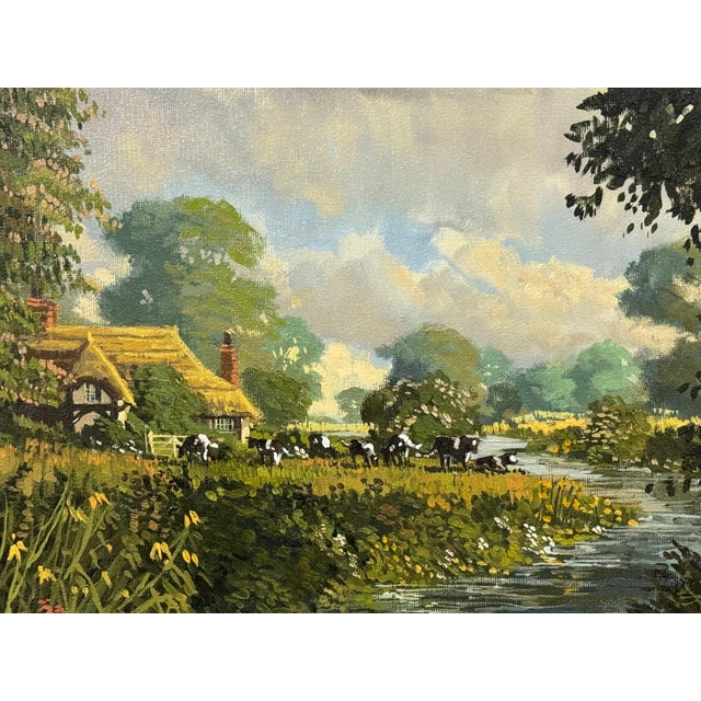 Late 20th Century English Countryside Oil Painting with Thatched Cottage, River & Cows Grazing 1985 Circa For Sale - Image 5 of 15