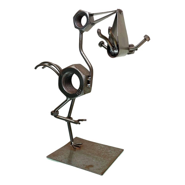 Folk Art Steampunk Welded Metal Stork and Baby Figurine For Sale