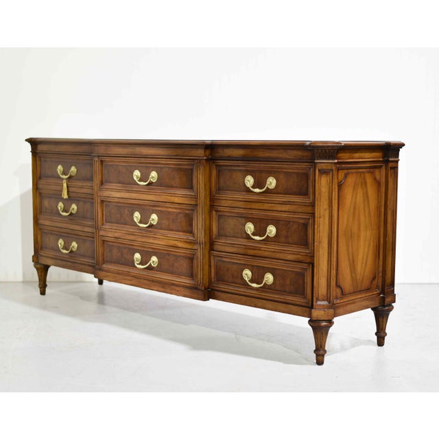 Traditional Mid Century French Regency Burled Walnut 9-Drawer Dresser With Brass Hardware by Karges Indiana For Sale - Image 3 of 14