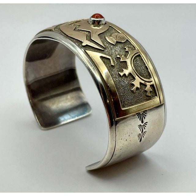 1970s Sterling Silver & Gold Native American Navajo Story Teller Cuff Bracelet For Sale - Image 6 of 9