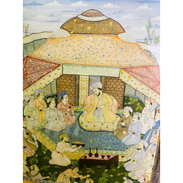 1940s 1940s Large Indian Miniature Painting Mughal Royal Court, Framed 30" For Sale - Image 5 of 10