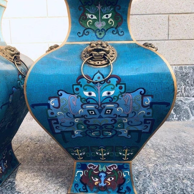 Pair of Monumental Vintage Cloisonné Enamel Fang Zun Vases – Beast Mask & Archaic Motif For Sale - Image 4 of 9