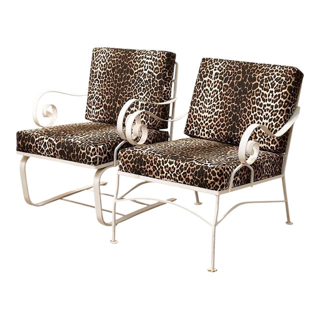 Vintage Leopard Print Lounge Chairs With White Scroll Arms For Sale