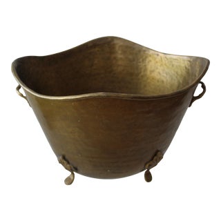 Vintage Mid-Century Hammered Brass Oval Footed Planter Wine Bucket With Handles For Sale