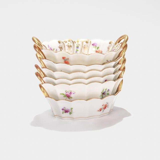A fine set of 6 small Dresden porcelain twin-handled bowls. By Richard Klemm. Perfect for use as condiment or pickle...