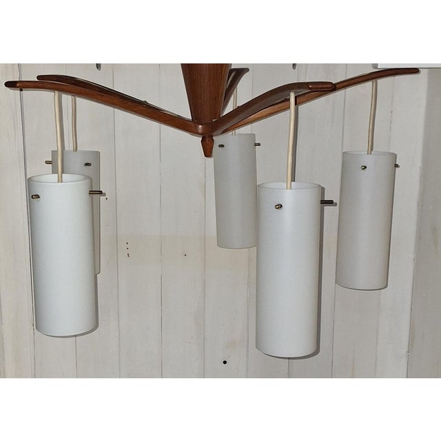 Vintage Mid-Century Danish Five-Light Ceiling Cascade Lamp with Teak Frame and White Satin Glass Shades, 1960s, in Very...