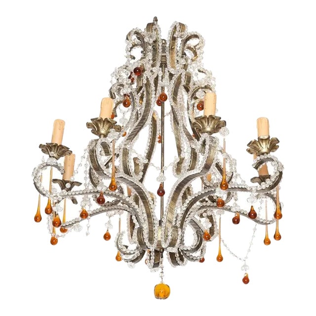 French Bagues Style Steel and Beaded Glass Chandelier For Sale