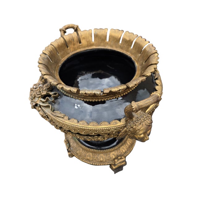 Mid 20th Century Large Neoclassical Black & Gilt Urn Centerpiece Bowl With Figural Handles For Sale In Los Angeles - Image 6 of 9