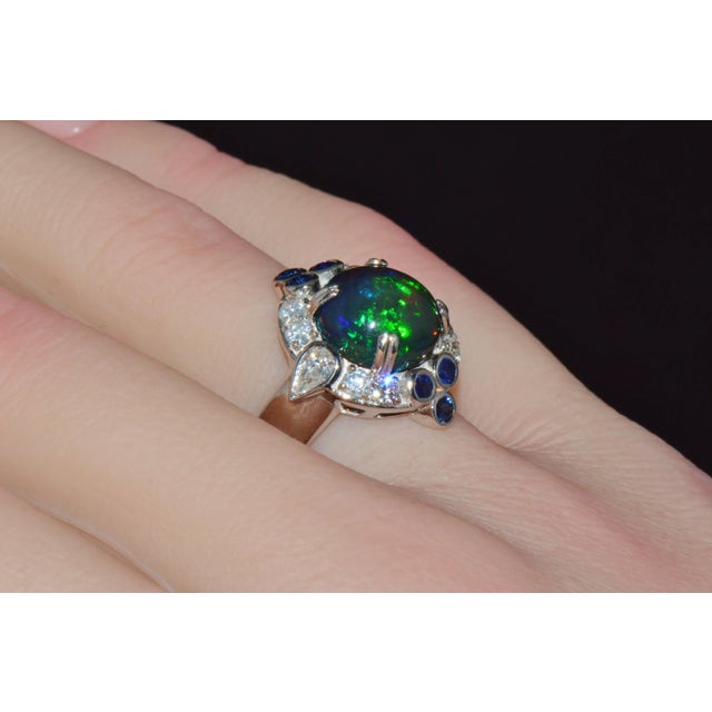 Certified Natural 4.18cts vs F Diamond Opal Sapphire 18k Solid Gold Cocktail Ring, Size 6.75 For Sale In Dallas - Image 6 of 11