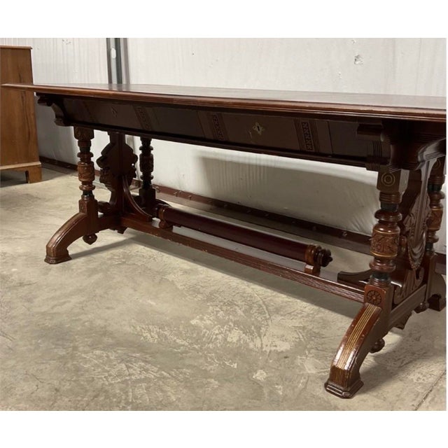 Traditional Antique Renaissance Revival Carved Walnut Library Table / Writing Desk — Leather Top For Sale - Image 3 of 8
