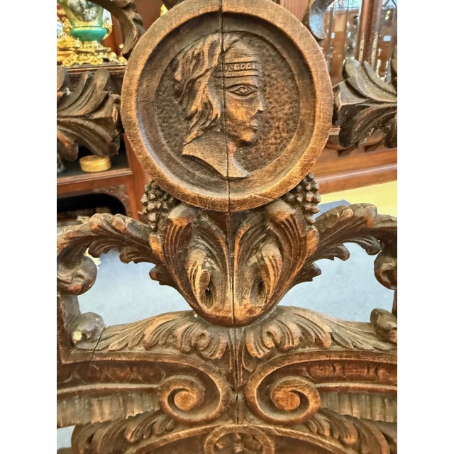 Antique Pair of Carved Walnut Jacobean Revival Throne Chairs With Red Leather Seats For Sale - Image 10 of 16