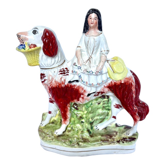 19th Century Antique English Staffordshire Girl Riding Spaniel Dog Figurine For Sale