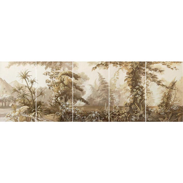 36" * H108" * 5ps, Vintage Hand-Painted Tropical Jungle Wallpaper, Antique Tropical Mural Wallpaper For Sale