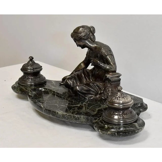 Double Inkwell in Silver-Plated Bronze & Sea Green Marble, 1900s For Sale - Image 3 of 18