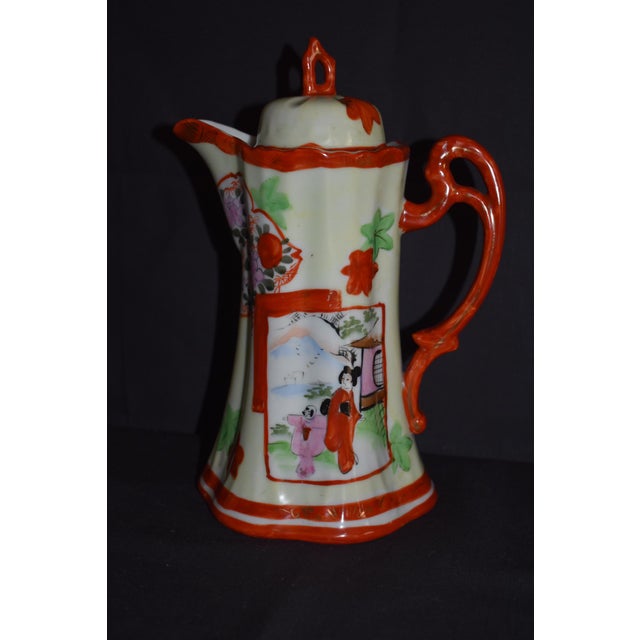 Japanese Antique Porcelain Chocolate Pot Japanese Kutani Geisha Girl Hand Painted 1920s For Sale - Image 3 of 12