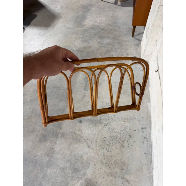 Vintage Boho Rattan Magazine Rack Newspaper Holder Scandinavian Style For Sale - Image 4 of 9