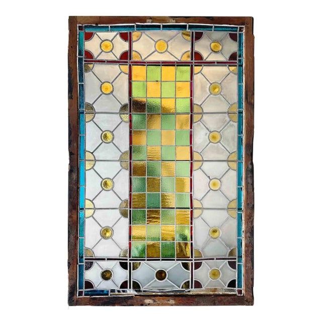Skylight Antique Textured Leaded Stained Glass and Roundels For Sale - Image 4 of 6