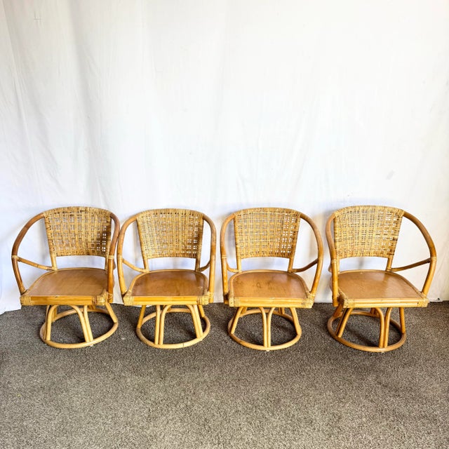Boho Chic Boho Chic Rattan Wicker Swivel Arm Dining Chairs - Set of 4 For Sale - Image 3 of 9