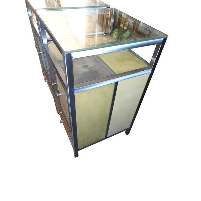 Pair of Venezia Furniture Industrial Modern Steel & Stained Wood Nightstands / End Tables With Glass Tops For Sale In San Francisco - Image 6 of 16