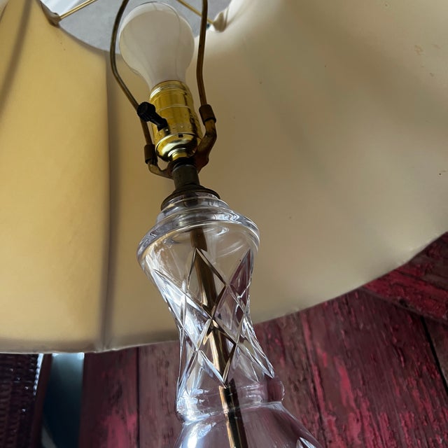 Vintage Glass & Brass Table Lamp With Etched Floral Design & Fabric Shade For Sale - Image 9 of 16