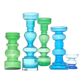 Blue and Green Glass Candle Holder Curation - Group of 5 For Sale