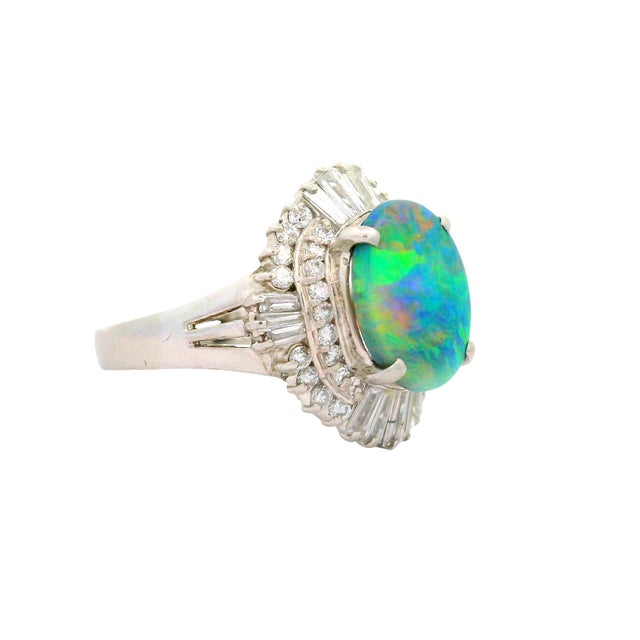 Early 21st Century 1.75 Carat Australian Black Opal Diamond Platinum Ballerina Ring, Size 6.75 For Sale - Image 5 of 6
