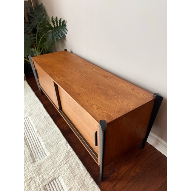 Vintage MCM Teak Media Cabinet/Console With “Exoskeleton” Legs and Sliding Doors For Sale - Image 10 of 12